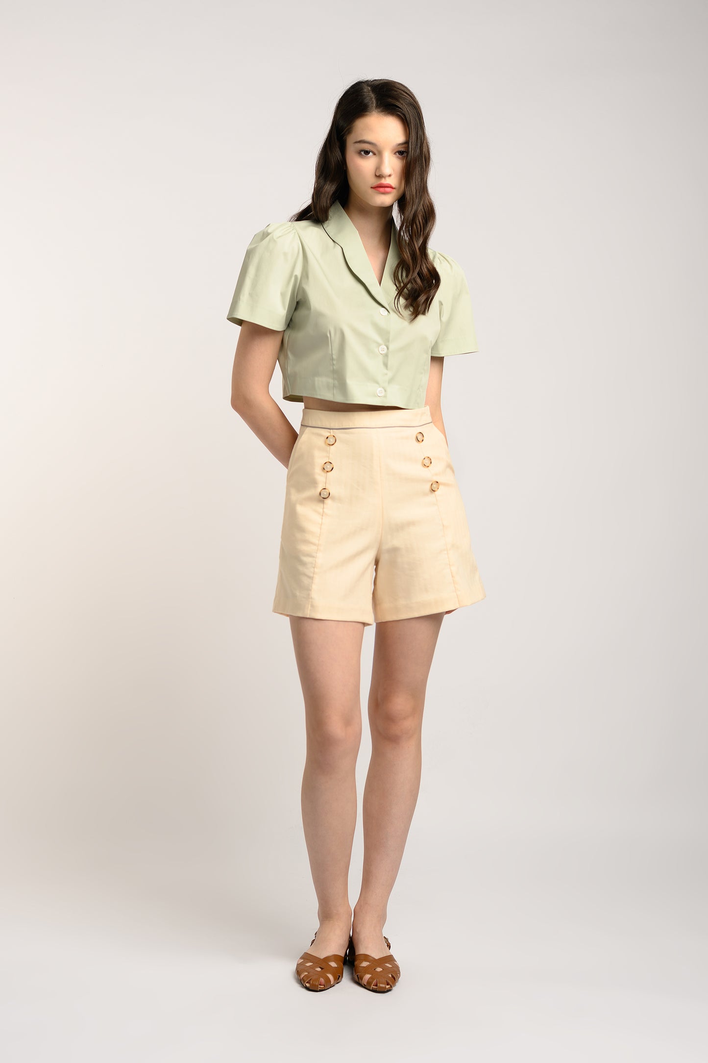 Buttoned High Waist Shorts - Beige