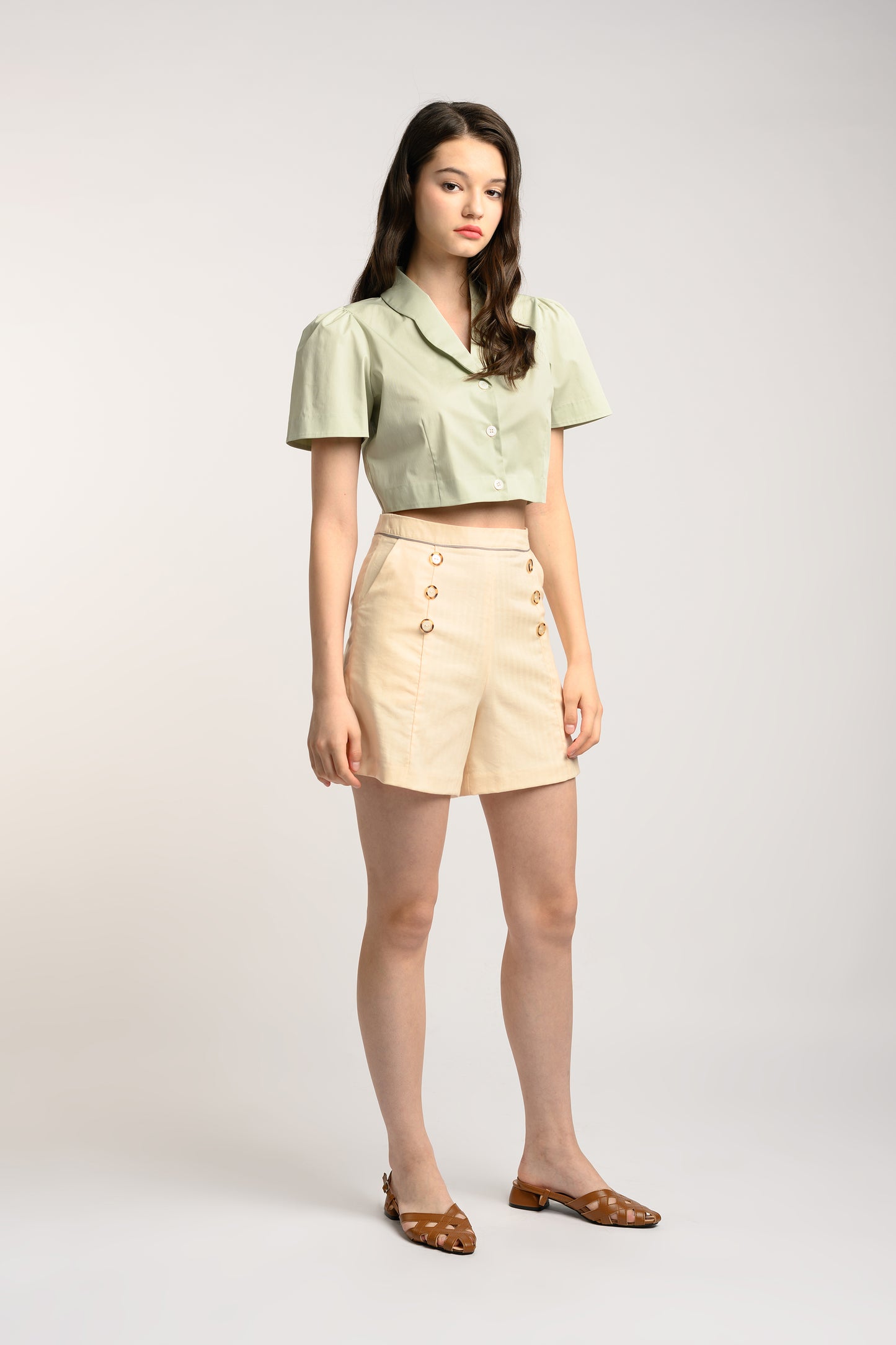 Buttoned High Waist Shorts - Beige