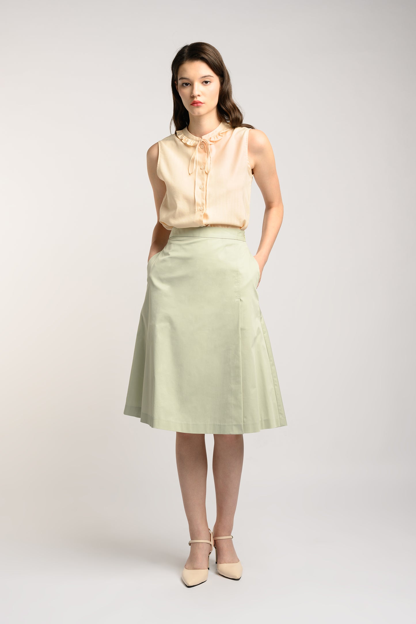 Blouse With Frill Trim Collar - Beige
