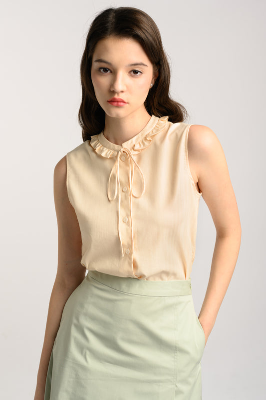 Blouse With Frill Trim Collar - Beige