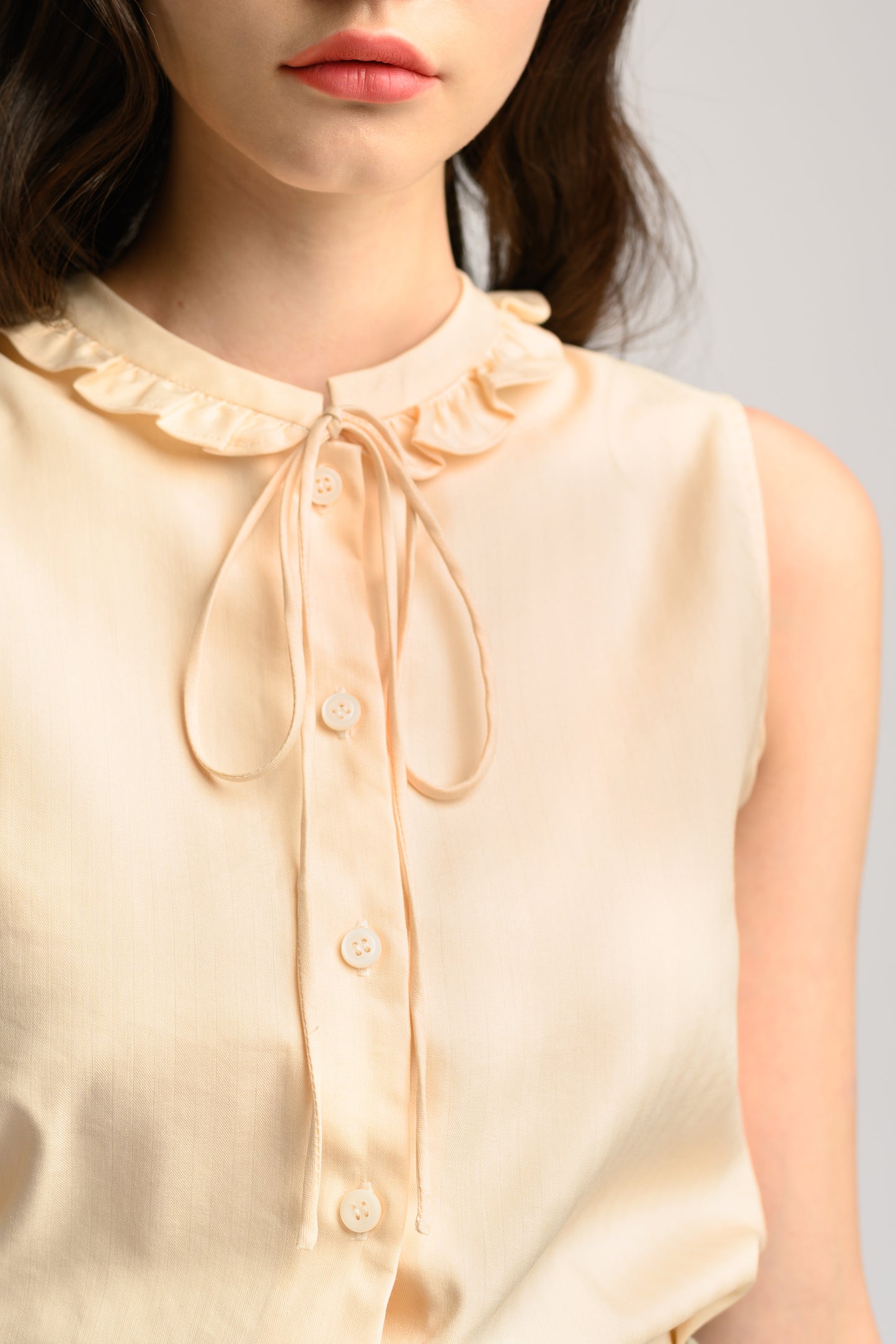 Blouse With Frill Trim Collar - Beige