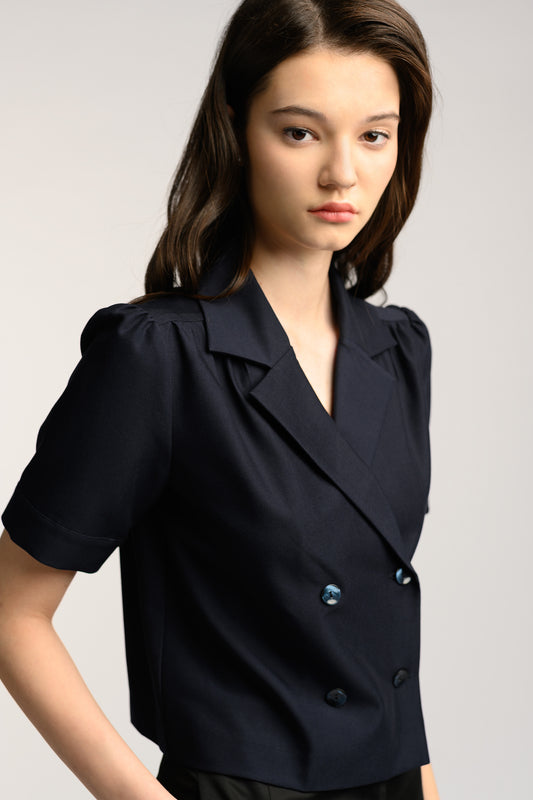 Crop Buttoned Top - Navy