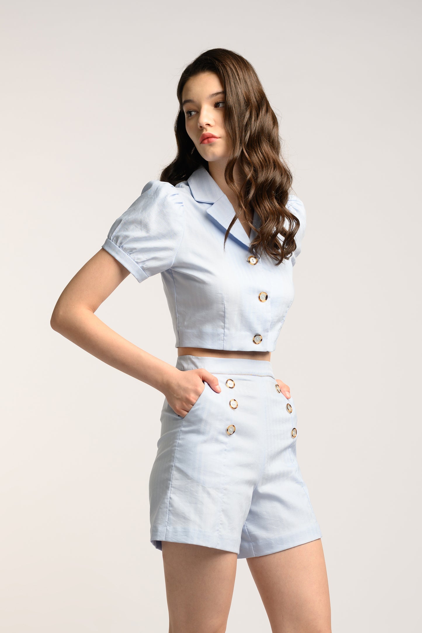 Buttoned High Waist Shorts - Frost Blue