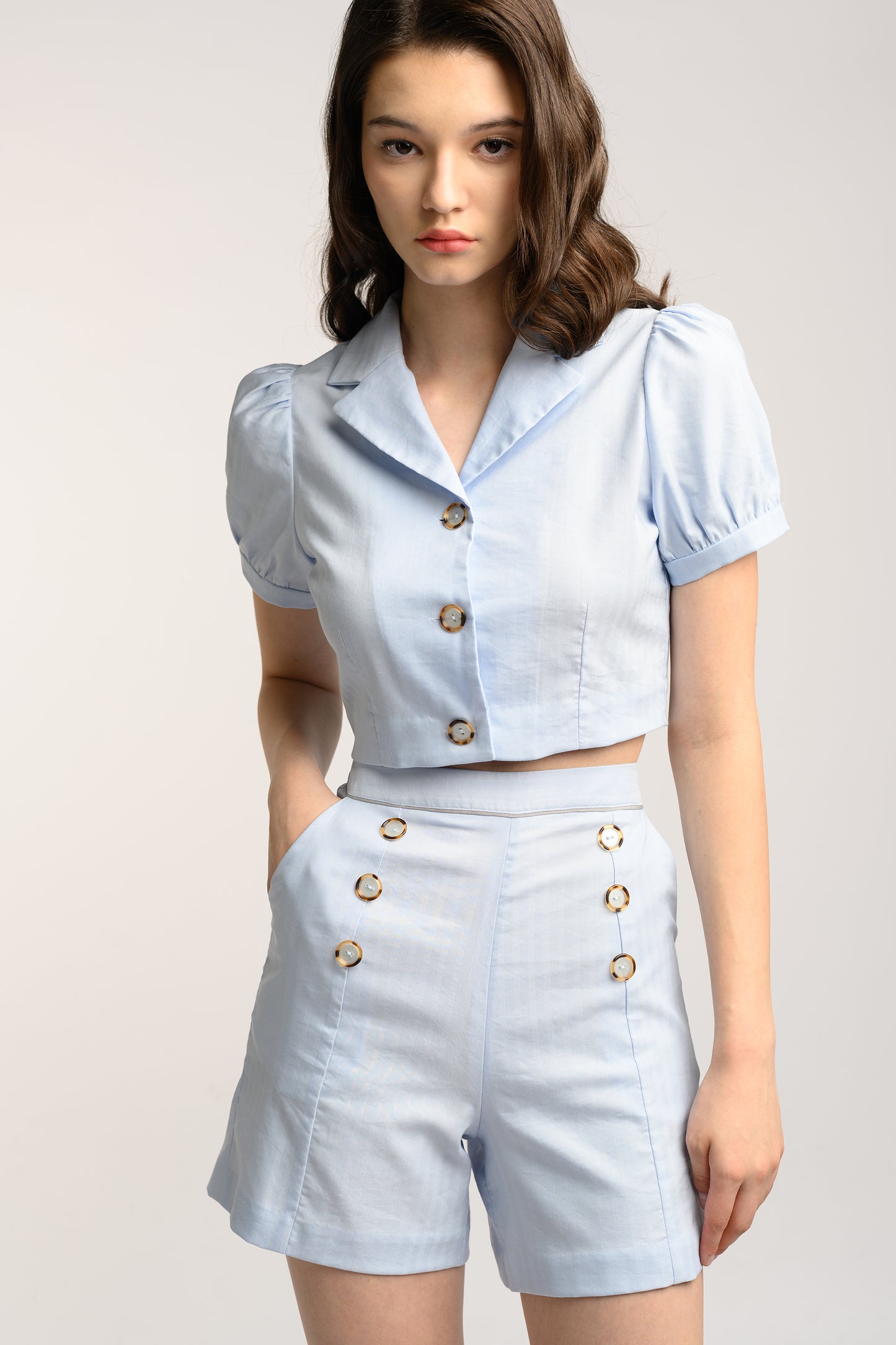 Buttoned High Waist Shorts - Frost Blue