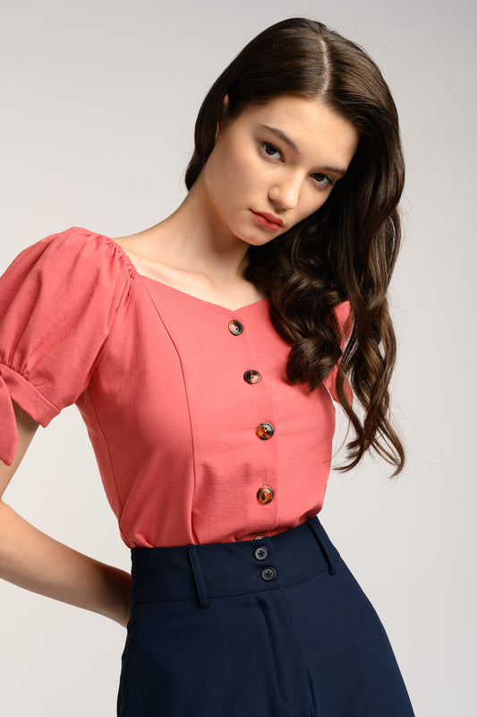 Sweetheart Neckline Blouse - Deep Coral