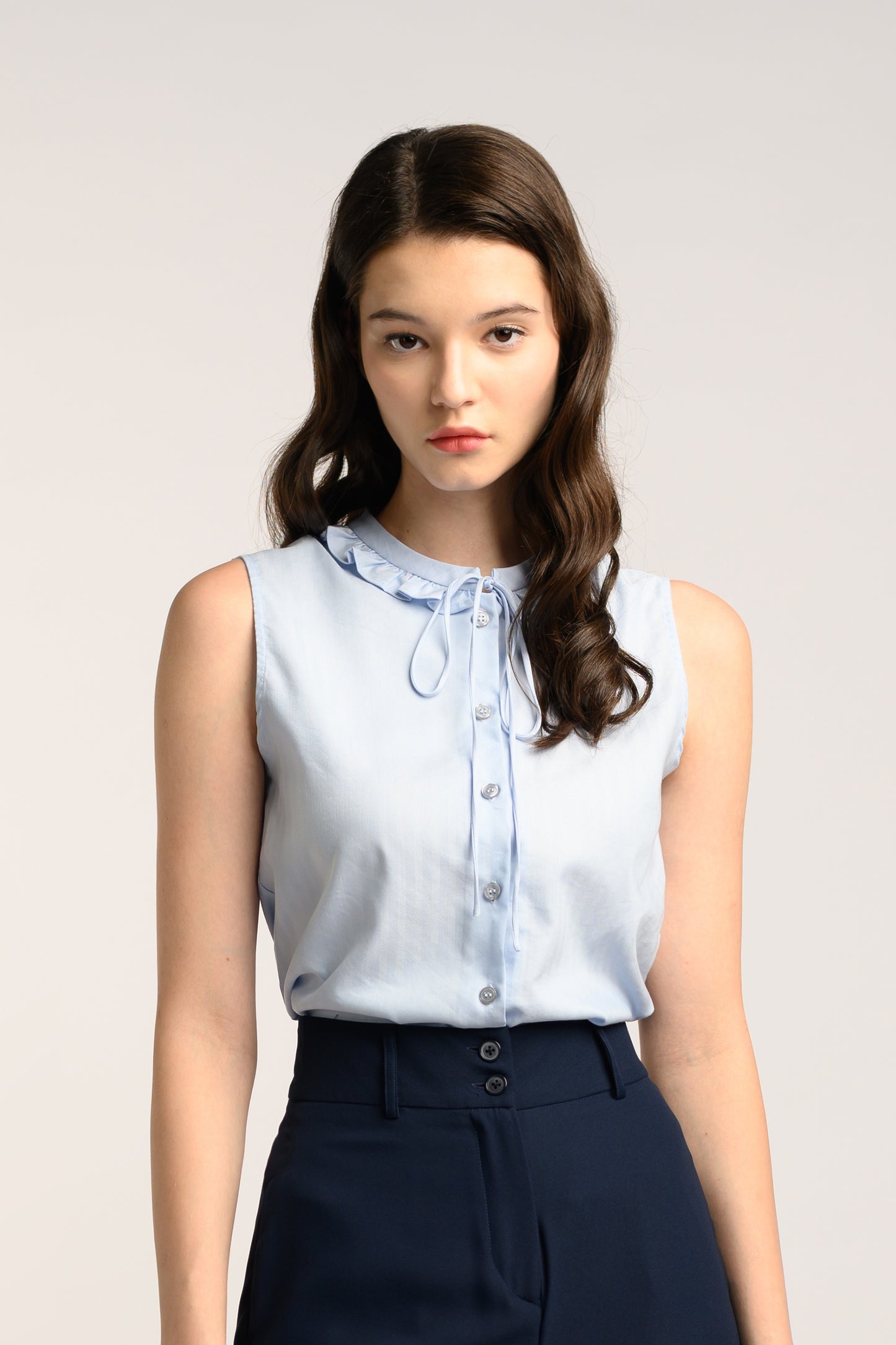 Blouse With Frill Trim Collar - Frost Blue