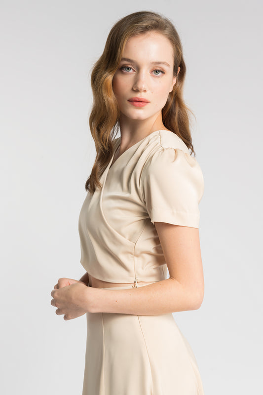 Faux Wrap Blouse - Light Taupe