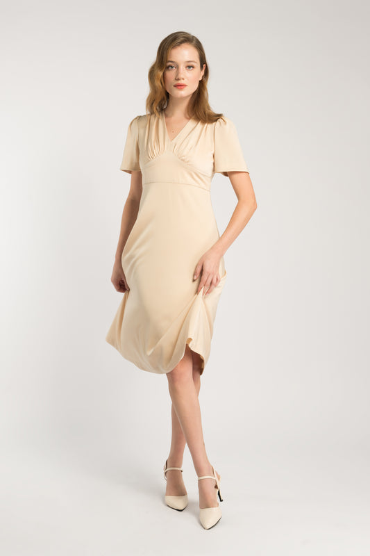 Dress With Gather Detail - Light Taupe