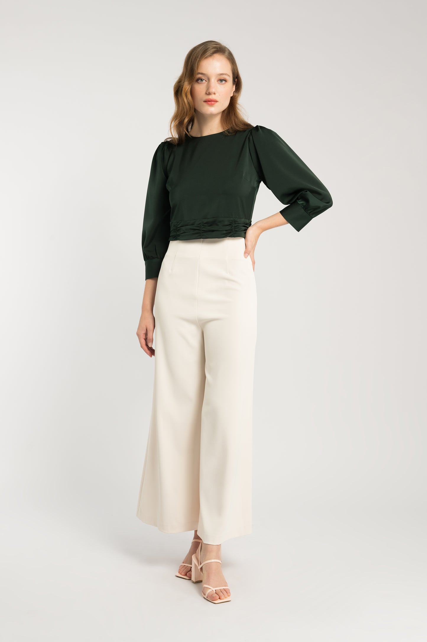 Satin Blouse With Ruche Detail - Forest