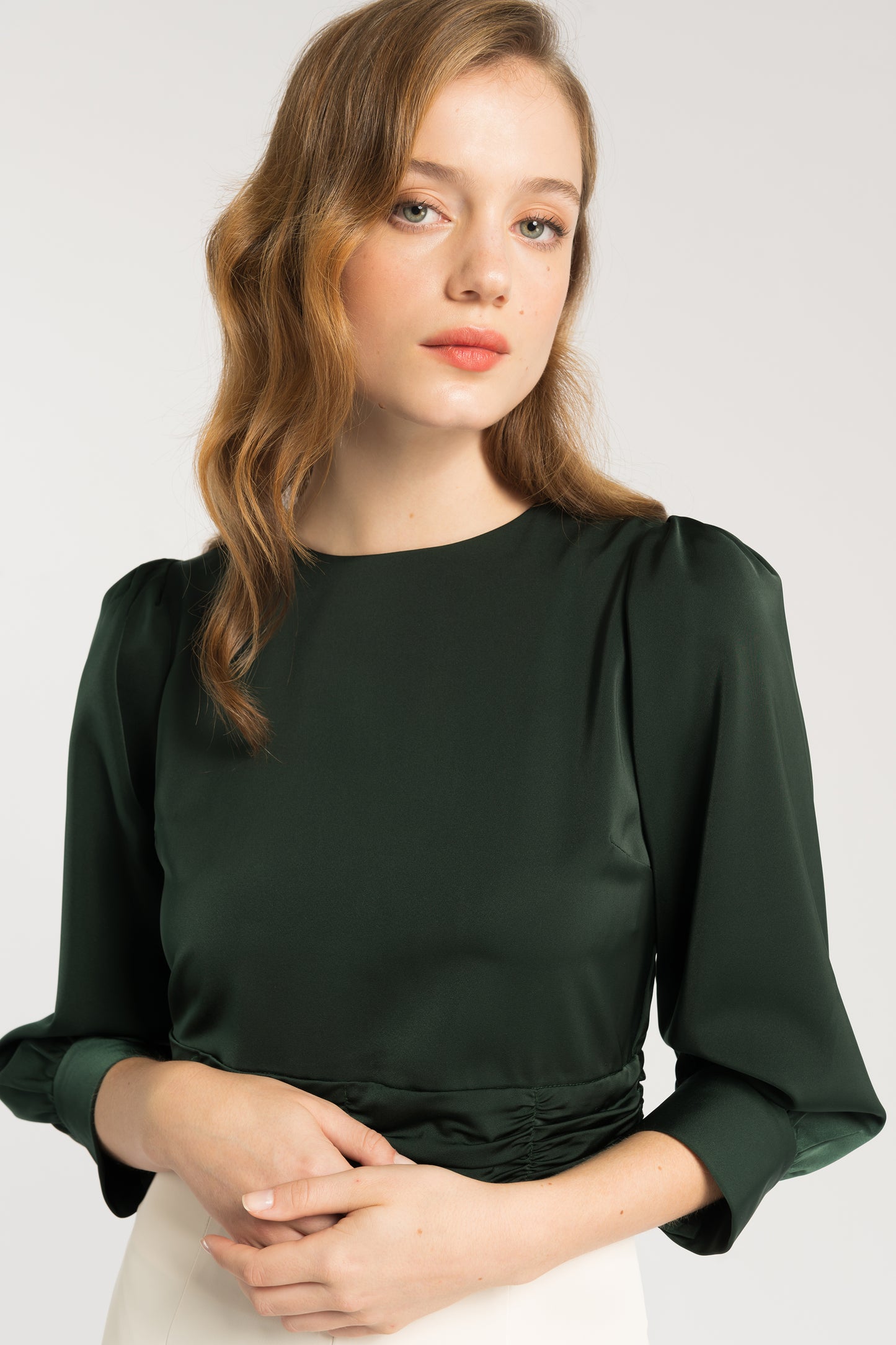 Satin Blouse With Ruche Detail - Forest