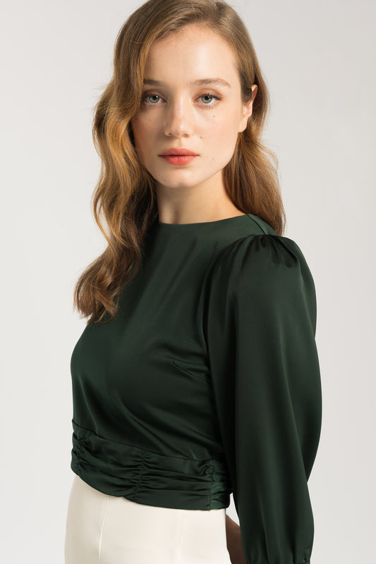 Satin Blouse With Ruche Detail - Forest