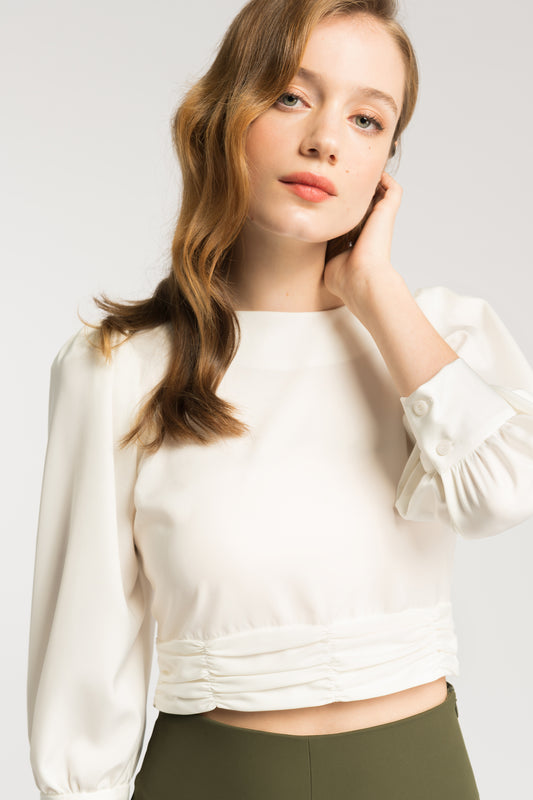 Satin Blouse With Ruche Detail - White