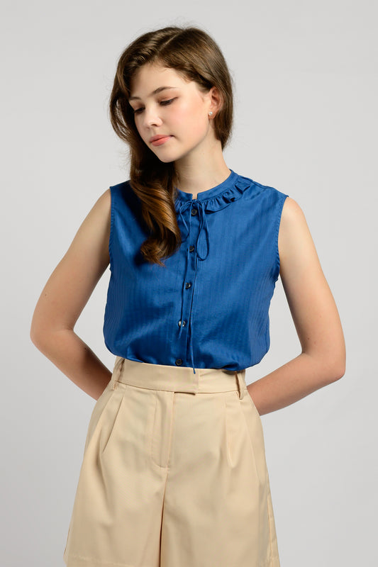 Blouse With Frill Trim Collar - Royal Blue