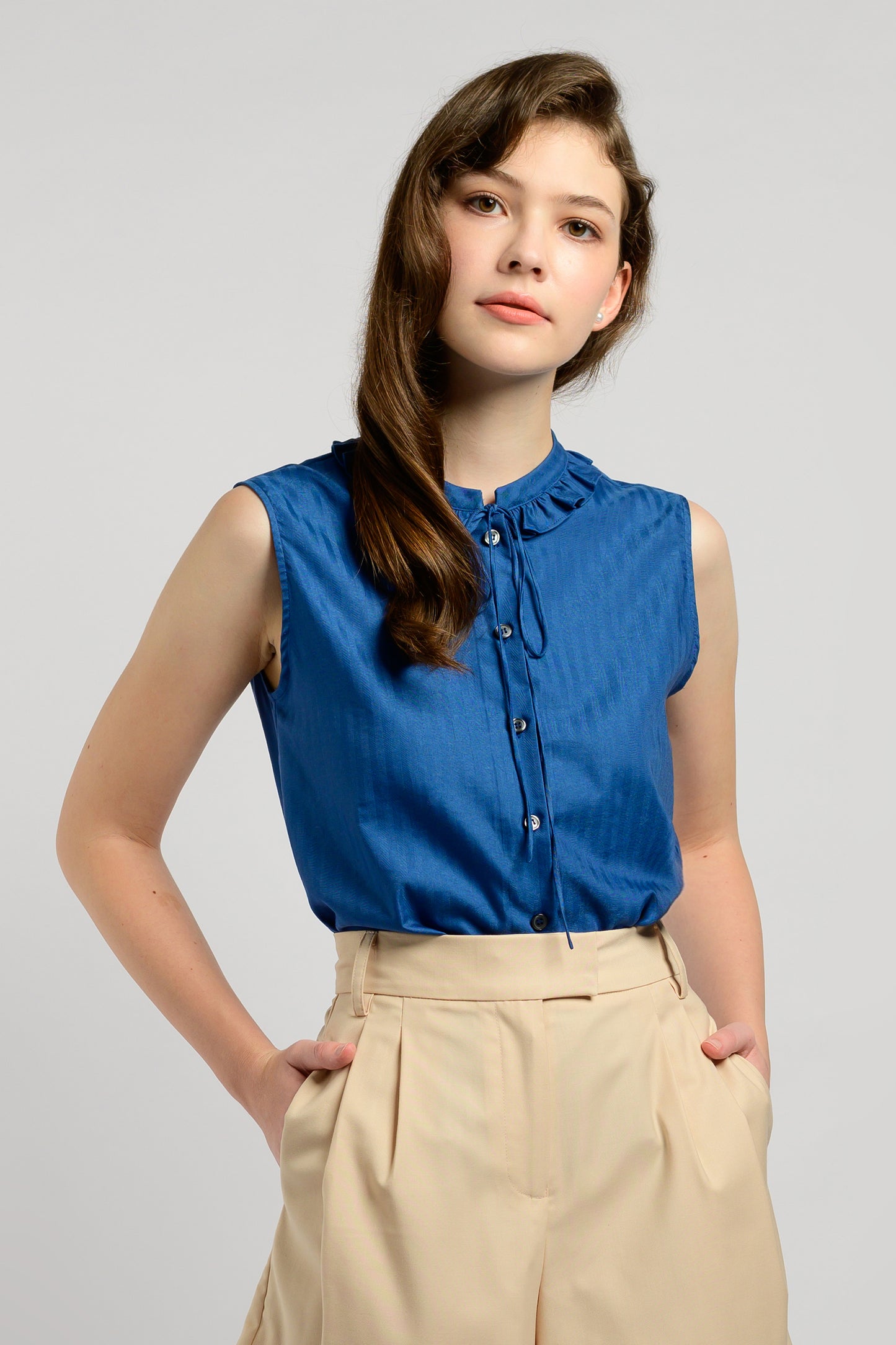 Blouse With Frill Trim Collar - Royal Blue