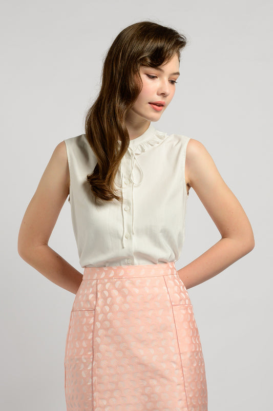 Blouse With Frill Trim Collar - White