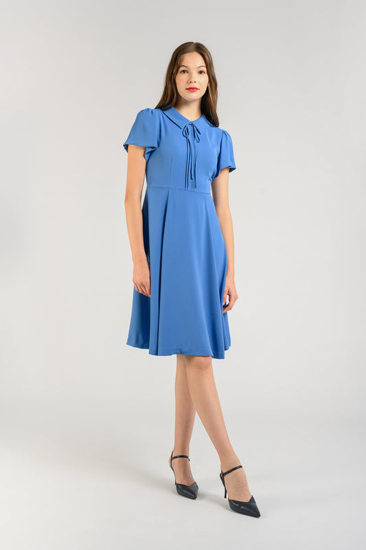 Tie Ribbon Pintuck Dress - Azure Blue