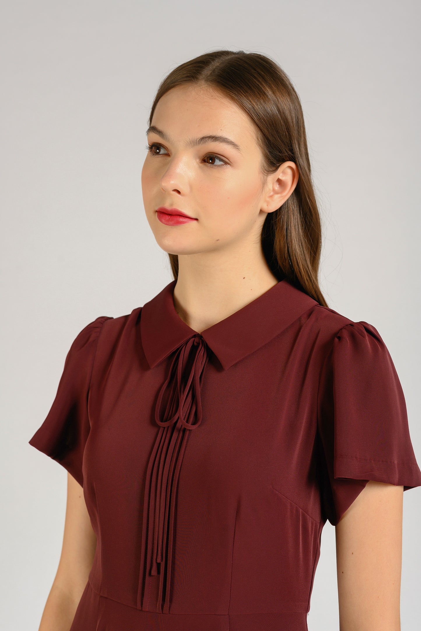 Tie Ribbon Pintuck Dress - Wineberry