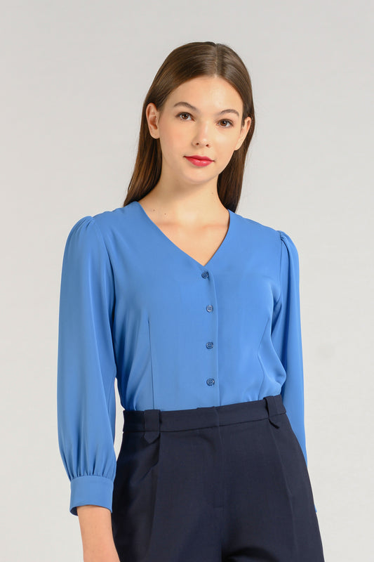Buttoned-down V-neck Blouse - Azure Blue