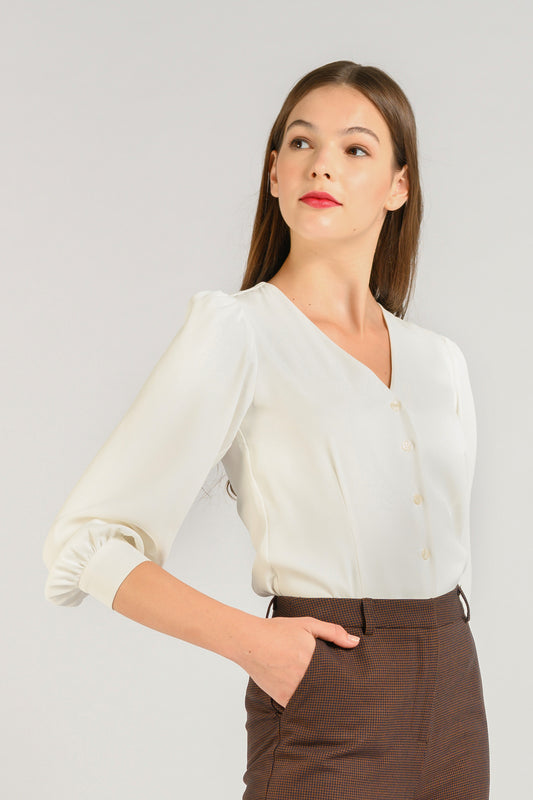 Buttoned-down V-neck Blouse - White