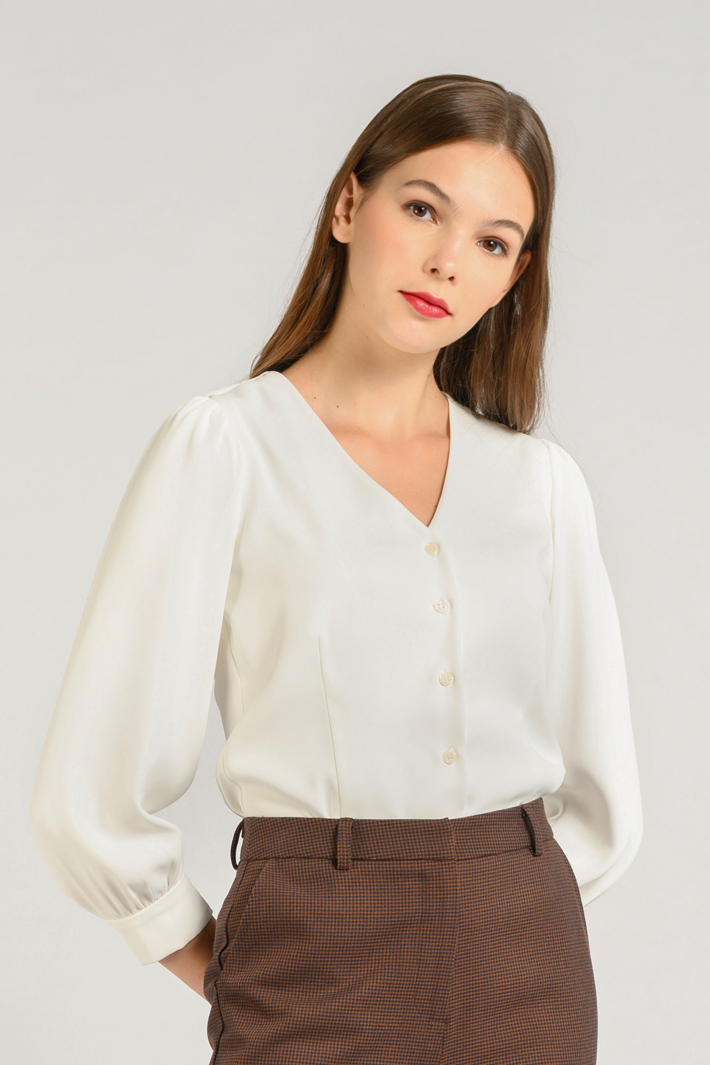 Buttoned-down V-neck Blouse - White