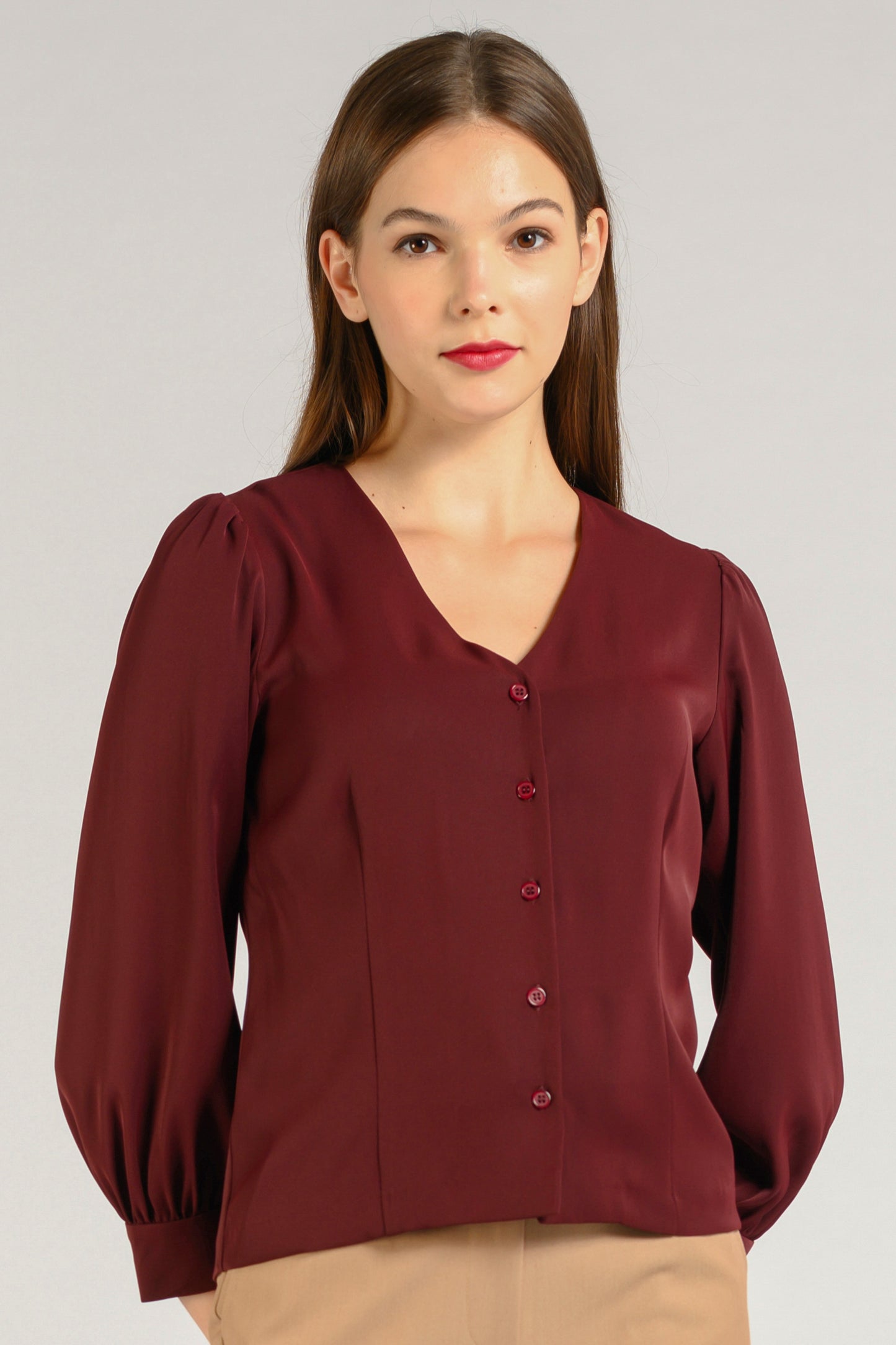 Buttoned-down V-neck Blouse - Wineberry