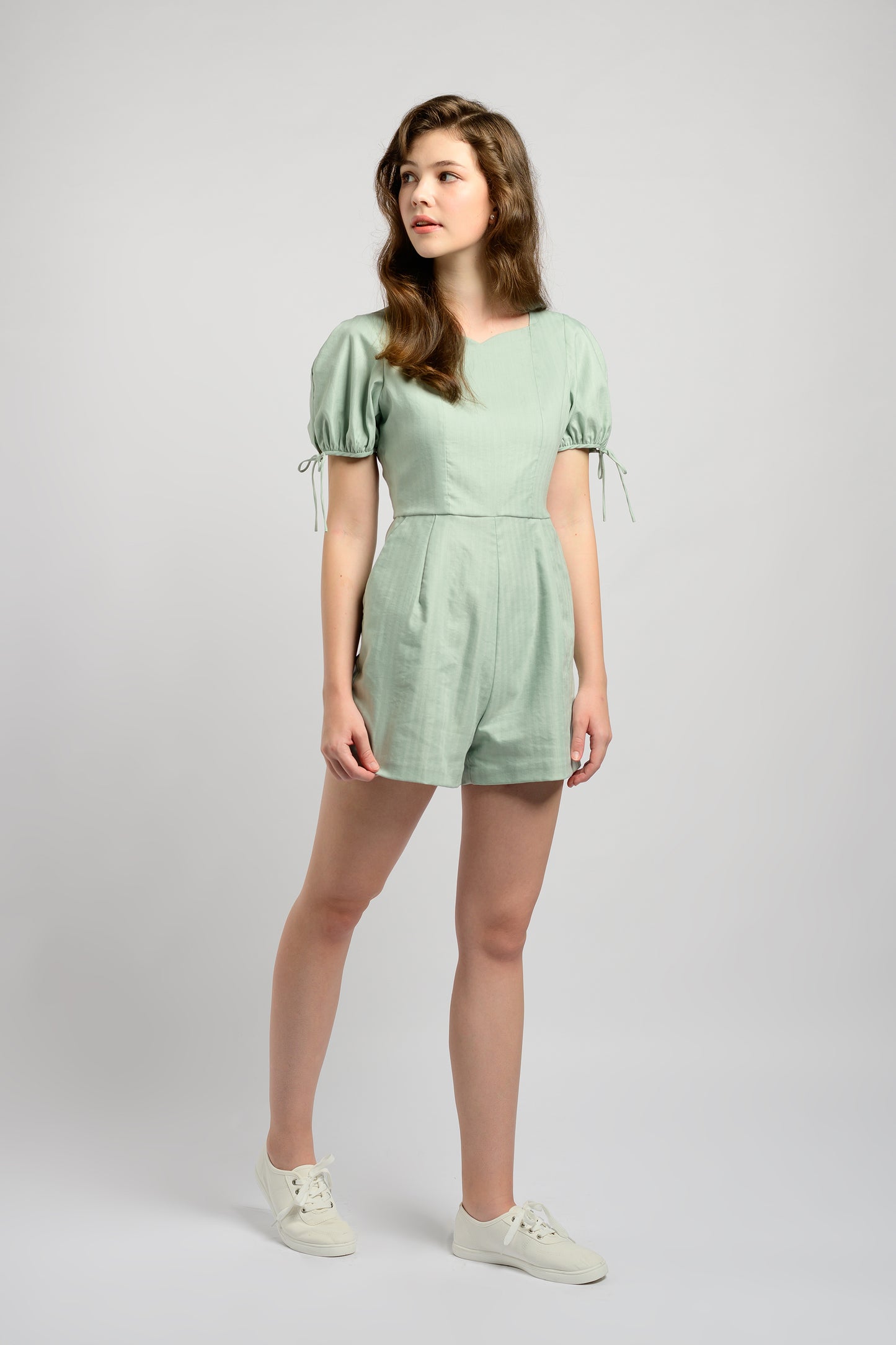 Puff Sleeve Romper With Tie-String Detail - Mint