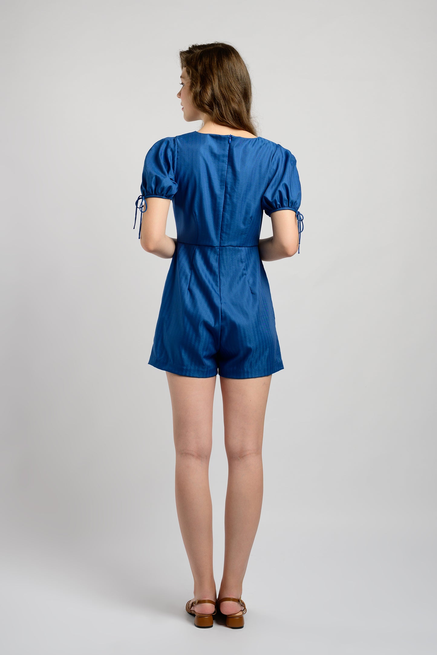 Puff Sleeve Romper With Tie-String Detail - Royal Blue
