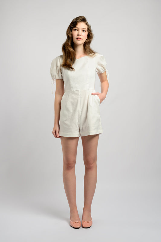 Puff Sleeve Romper With Tie-String Detail - White