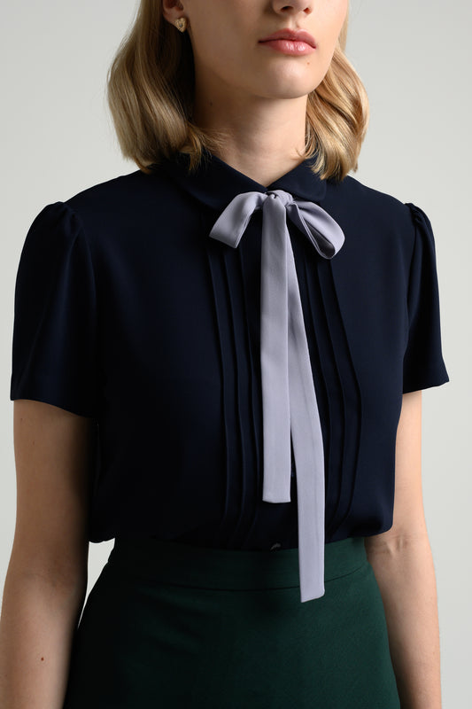 Rosylee Tie Ribbon Pintuck Blouse - Navy 5