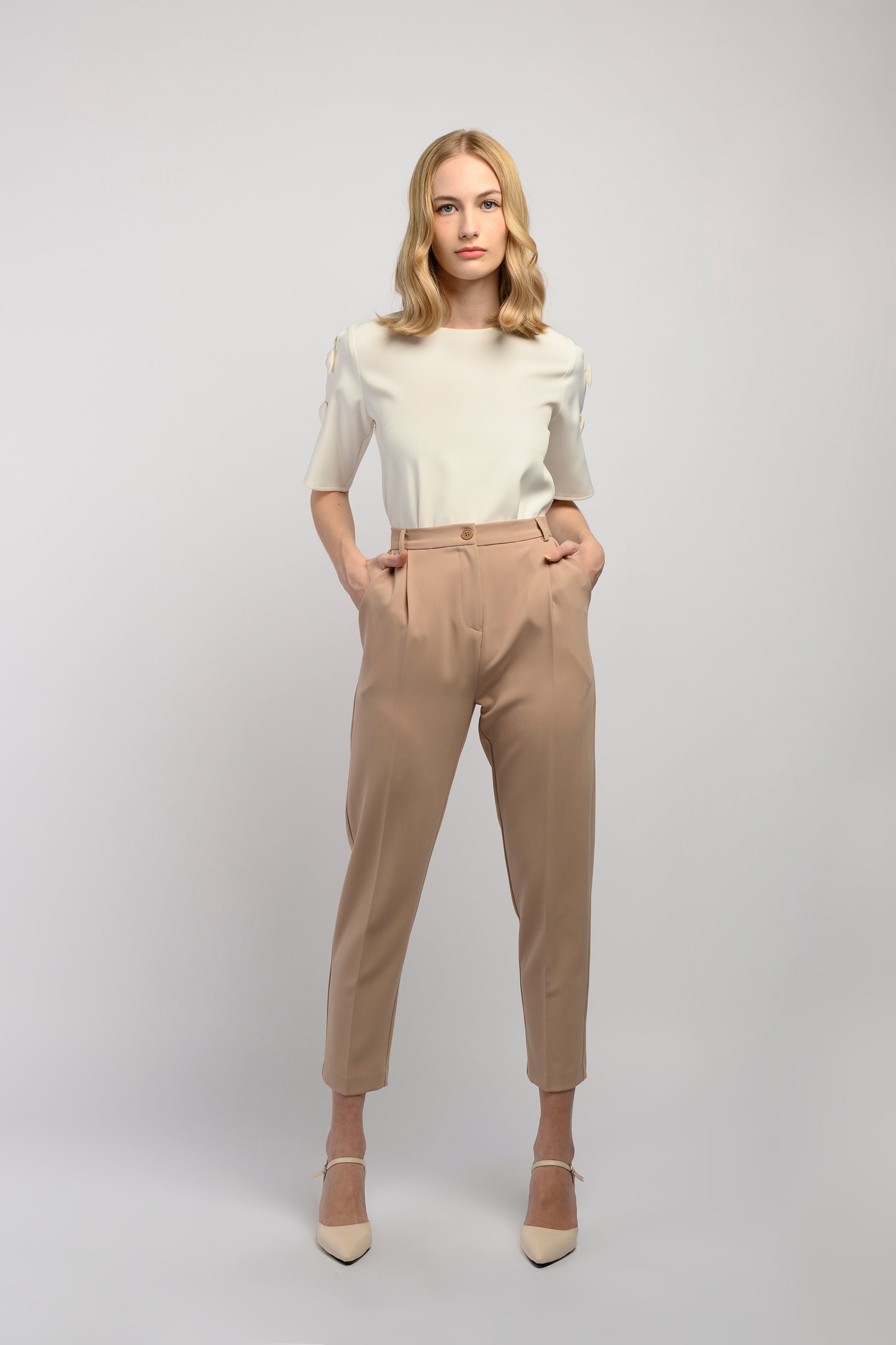 Pleated Peg Leg Trousers - Sand