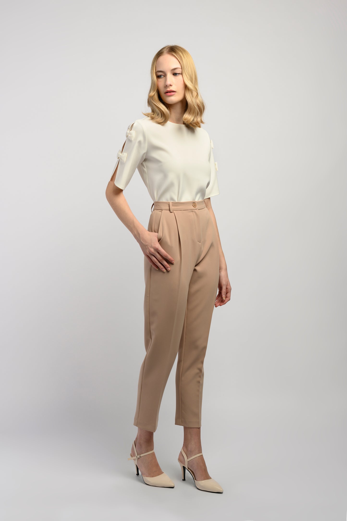 Pleated Peg Leg Trousers - Sand