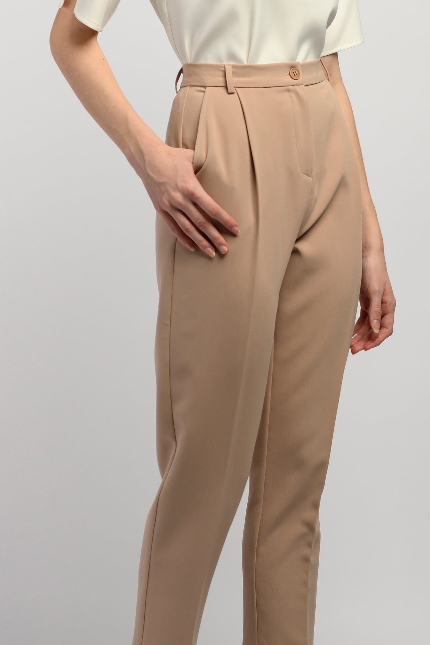 Pleated Peg Leg Trousers - Sand