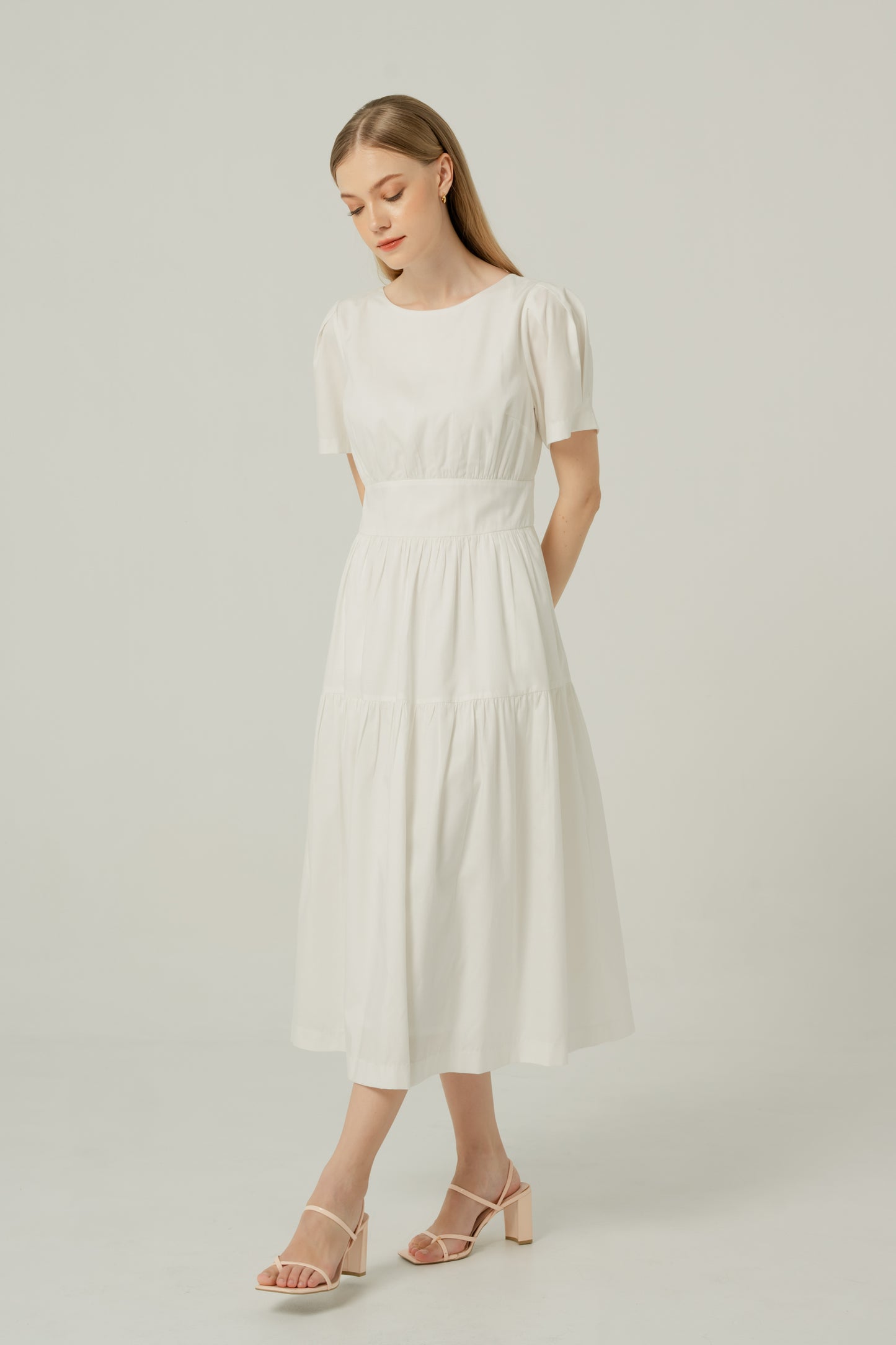 Tencel-Cotton Tie-Back Tiered Dress - Ivory