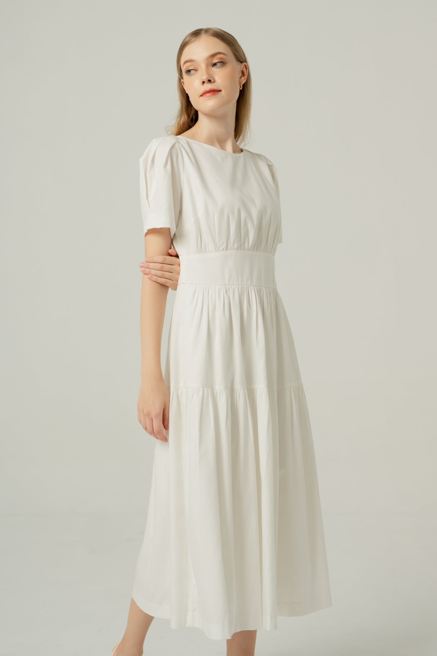 Tencel-Cotton Tie-Back Tiered Dress - Ivory