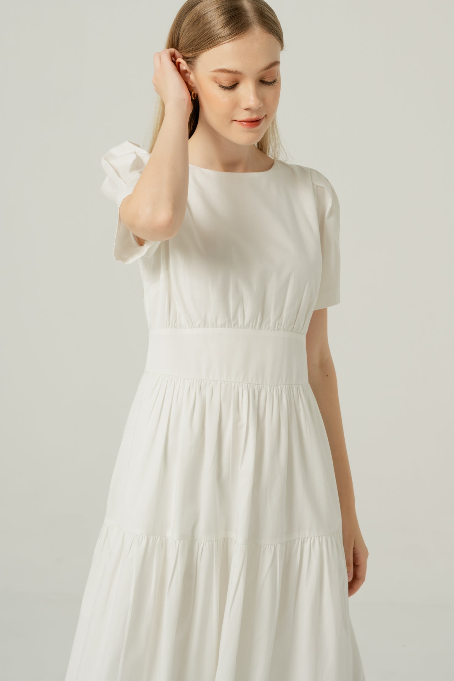 Tencel-Cotton Tie-Back Tiered Dress - Ivory