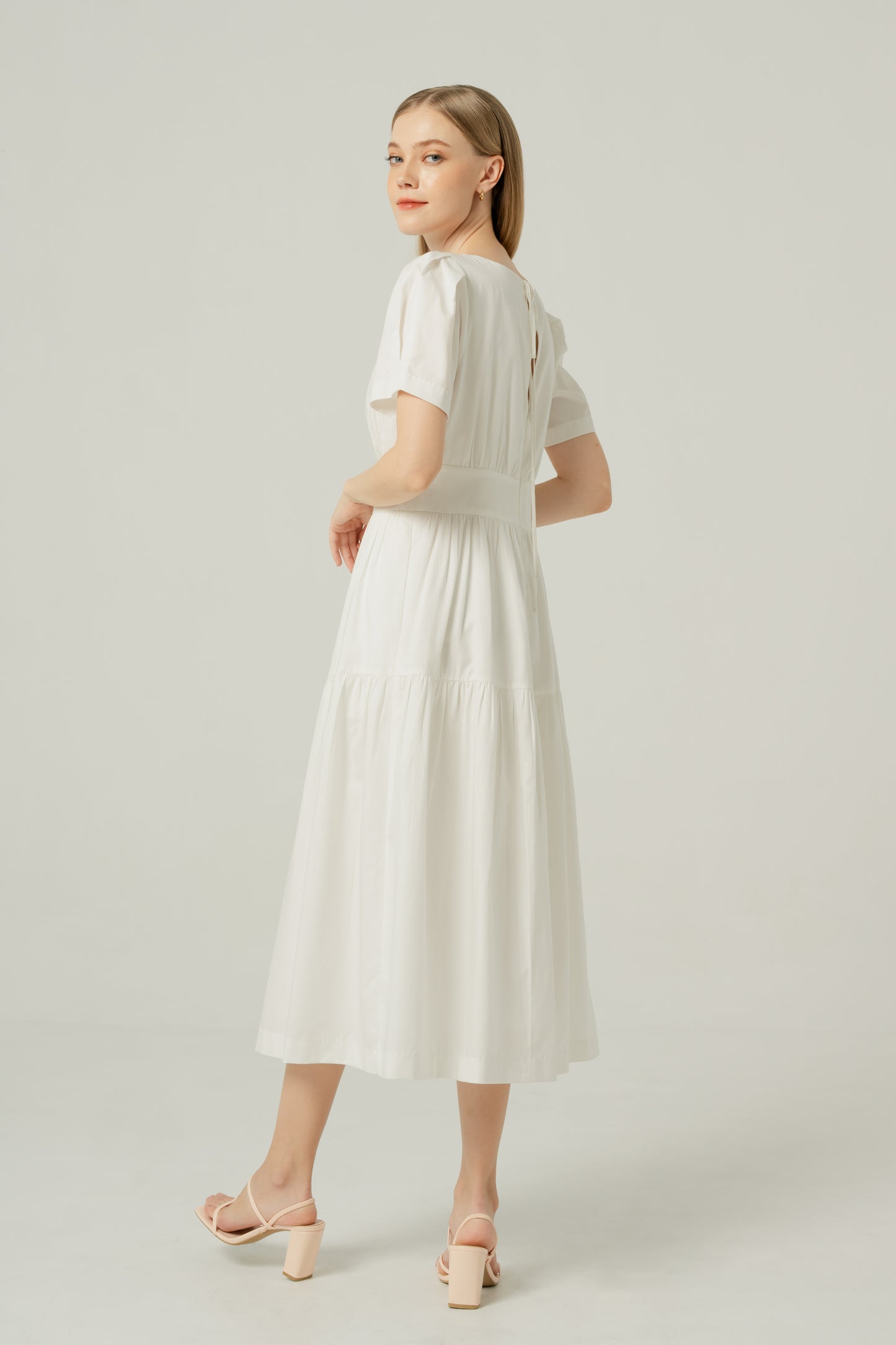 Tencel-Cotton Tie-Back Tiered Dress - Ivory