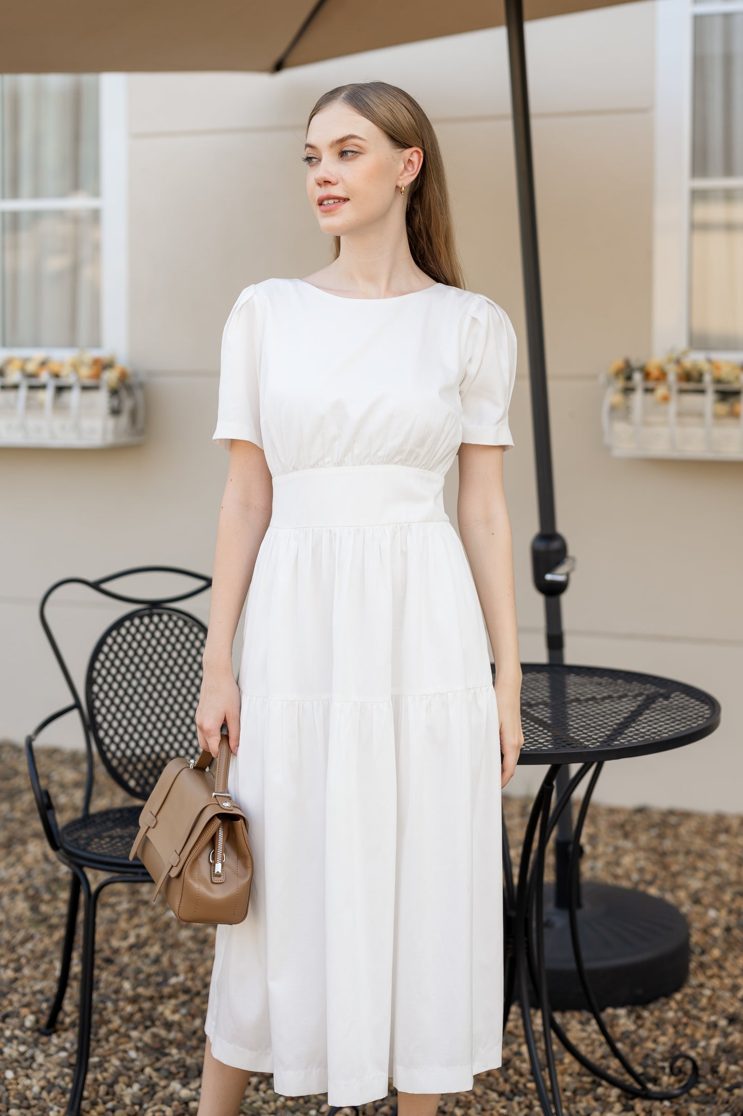 Tencel-Cotton Tie-Back Tiered Dress - Ivory