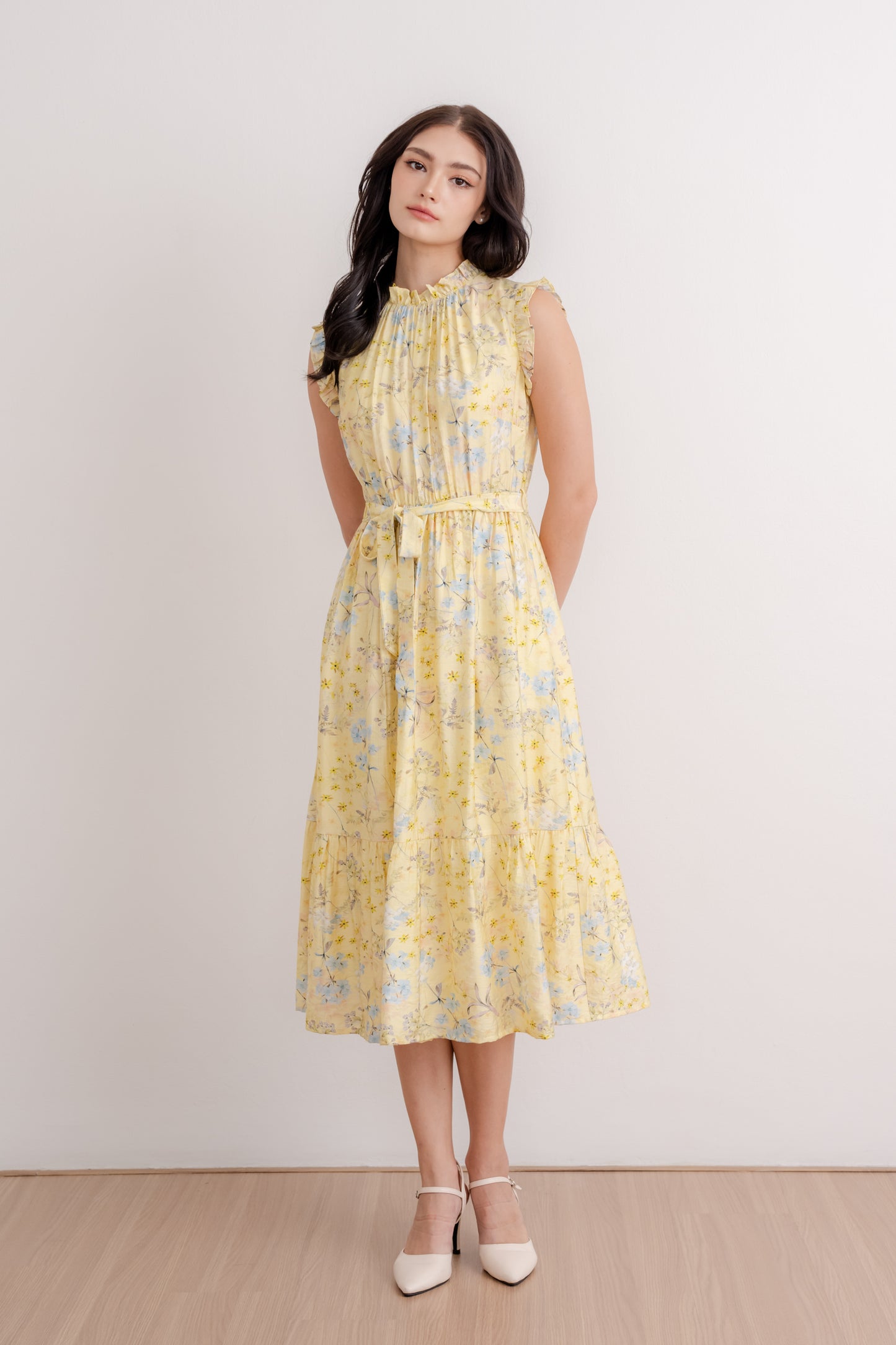 Midi Dress with Frill Details - Yellow Blossom