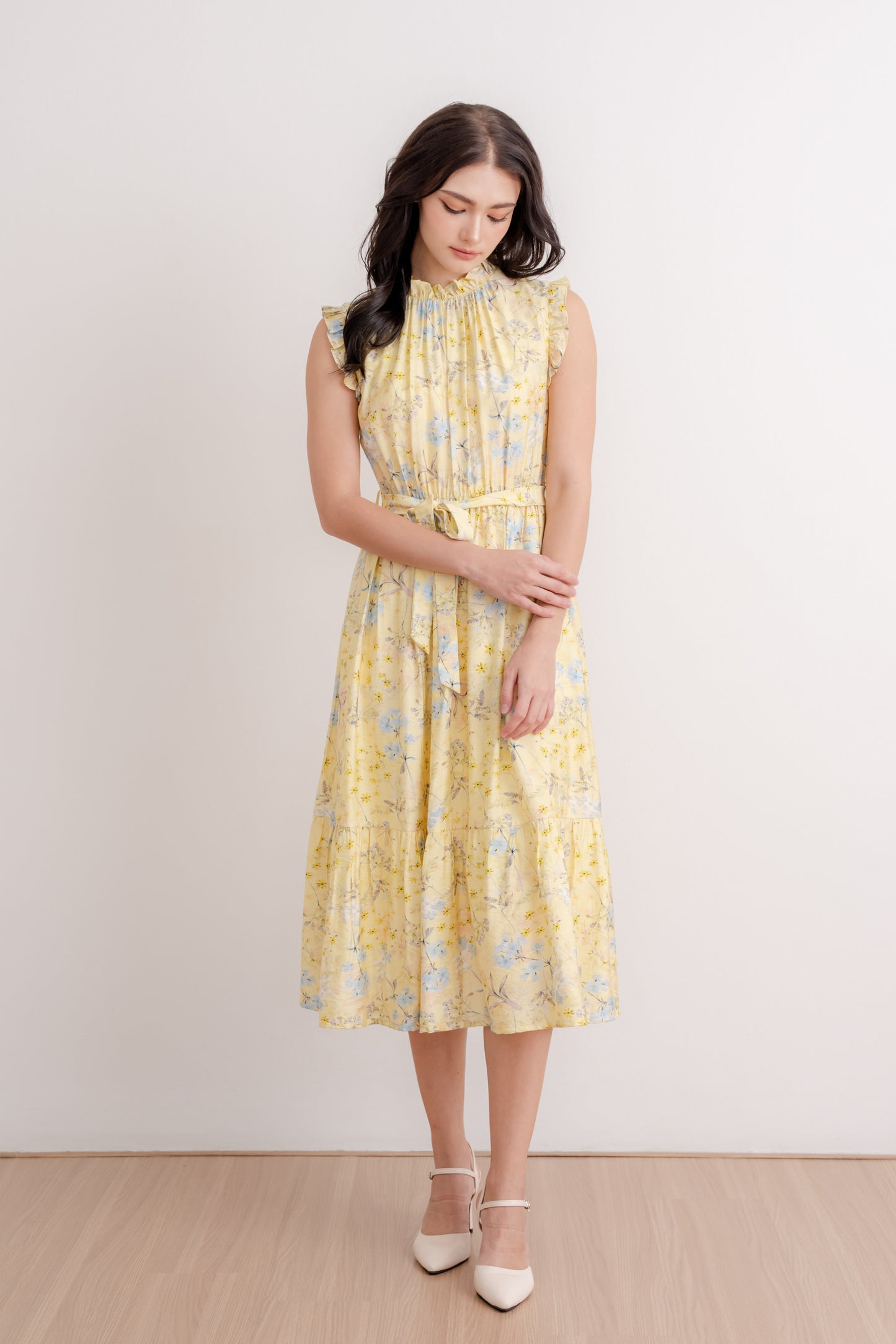 Midi Dress with Frill Details - Yellow Blossom