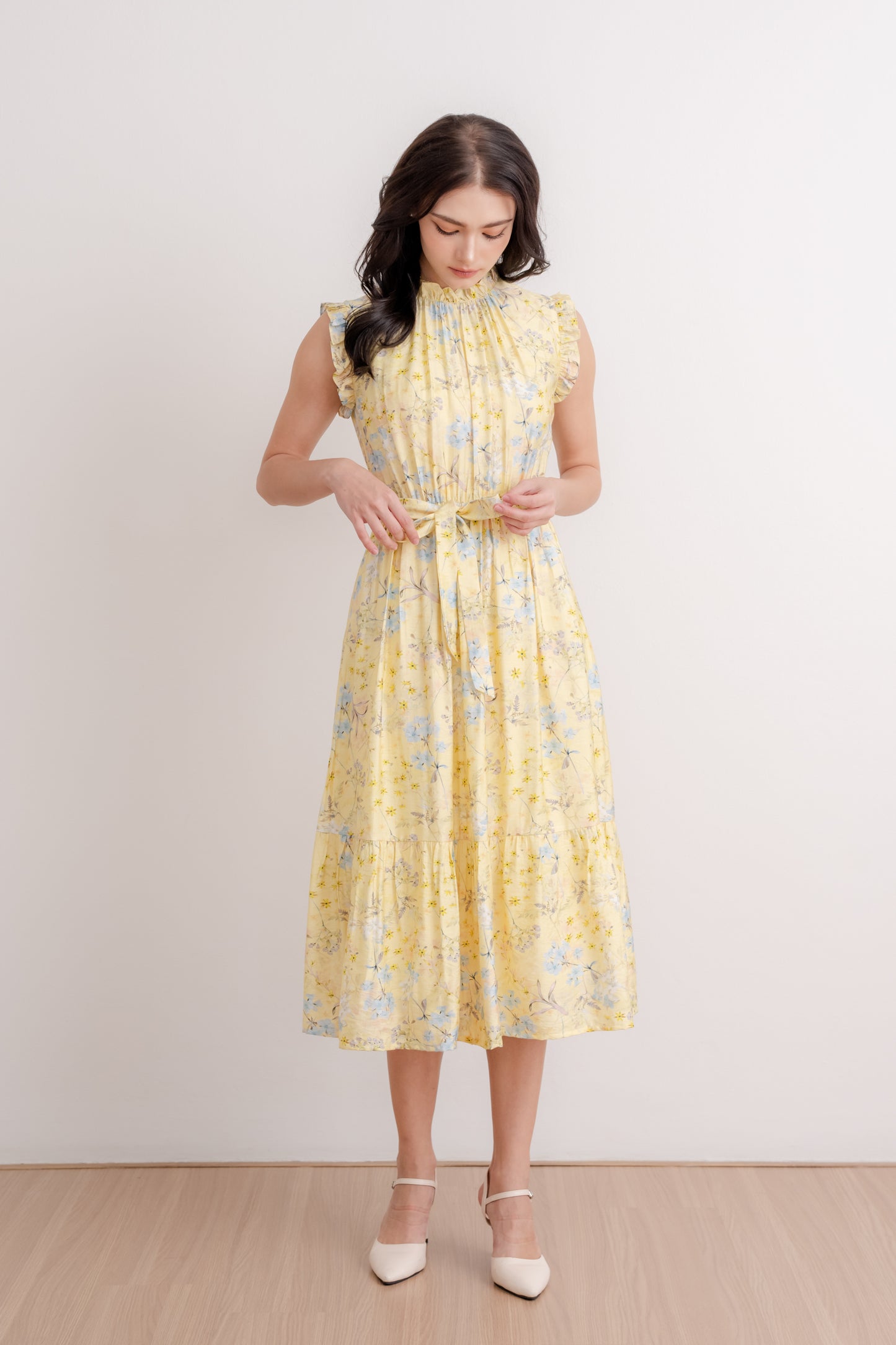 Midi Dress with Frill Details - Yellow Blossom