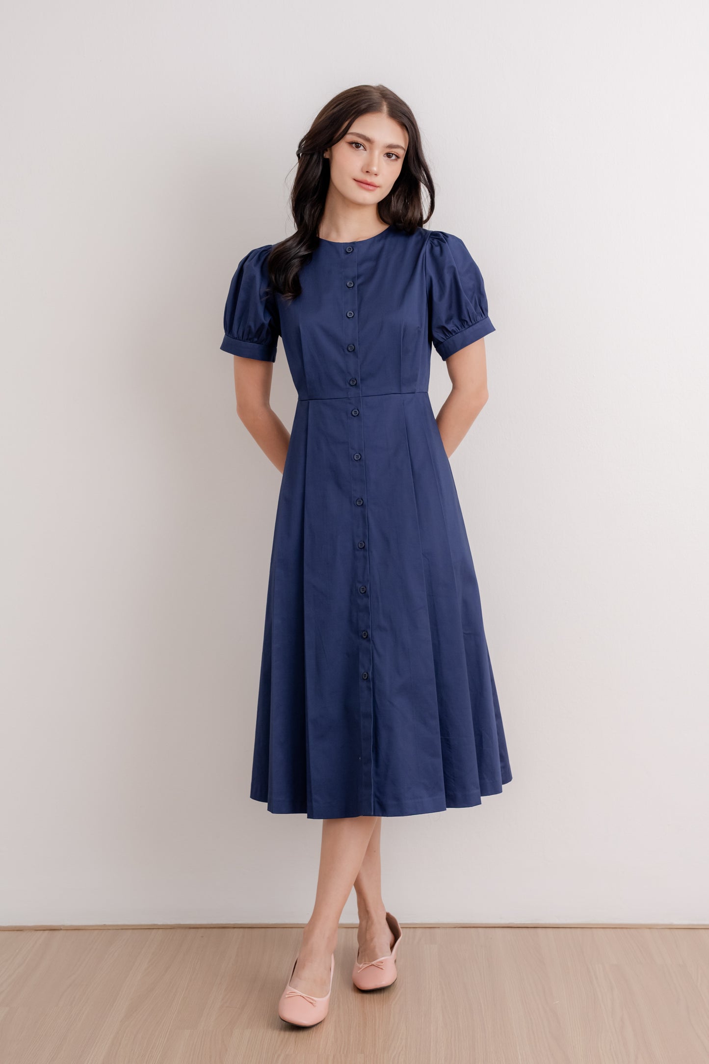 Puff Sleeved Button Down Dress - Midnight