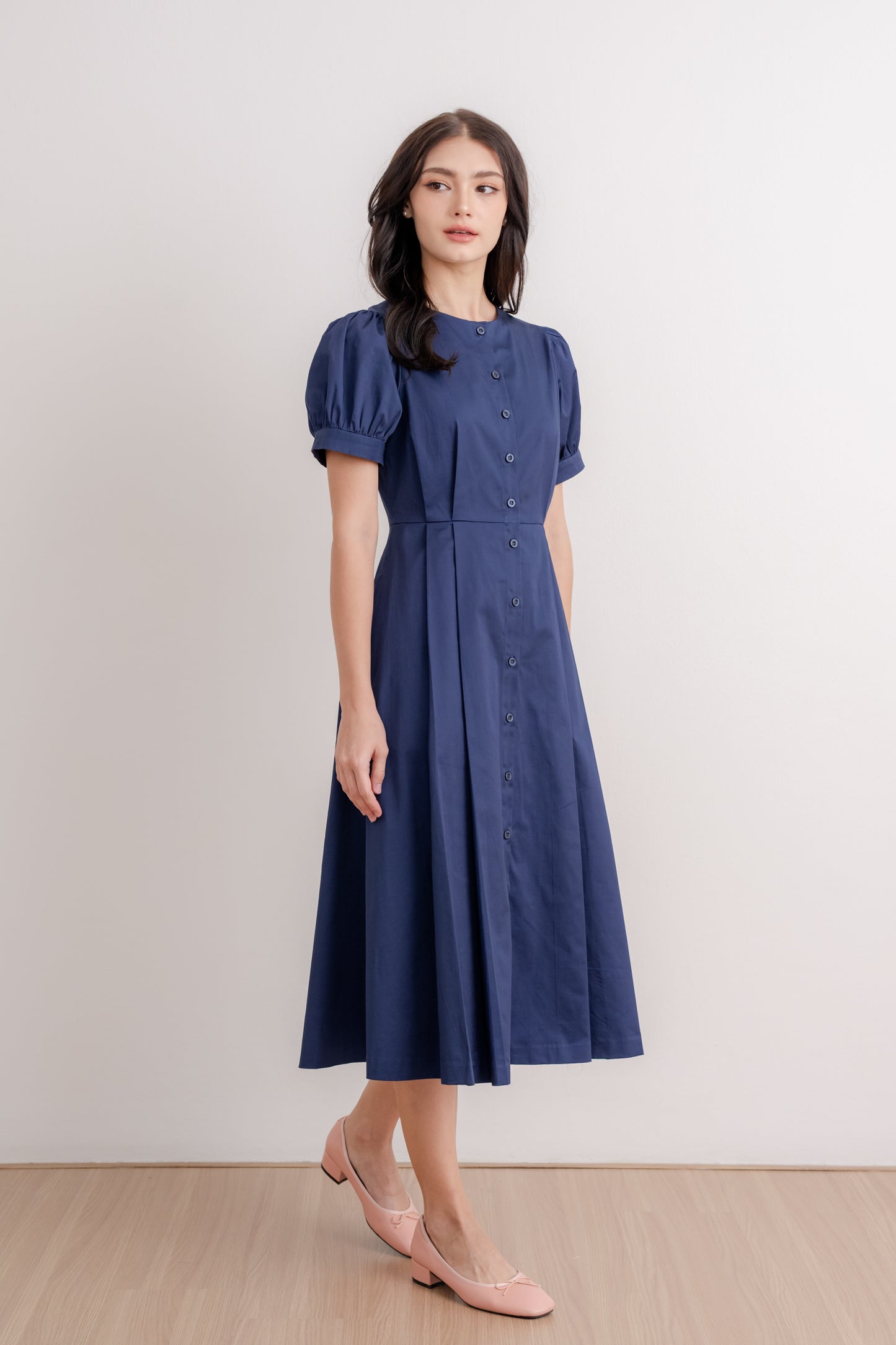 Puff Sleeved Button Down Dress - Midnight