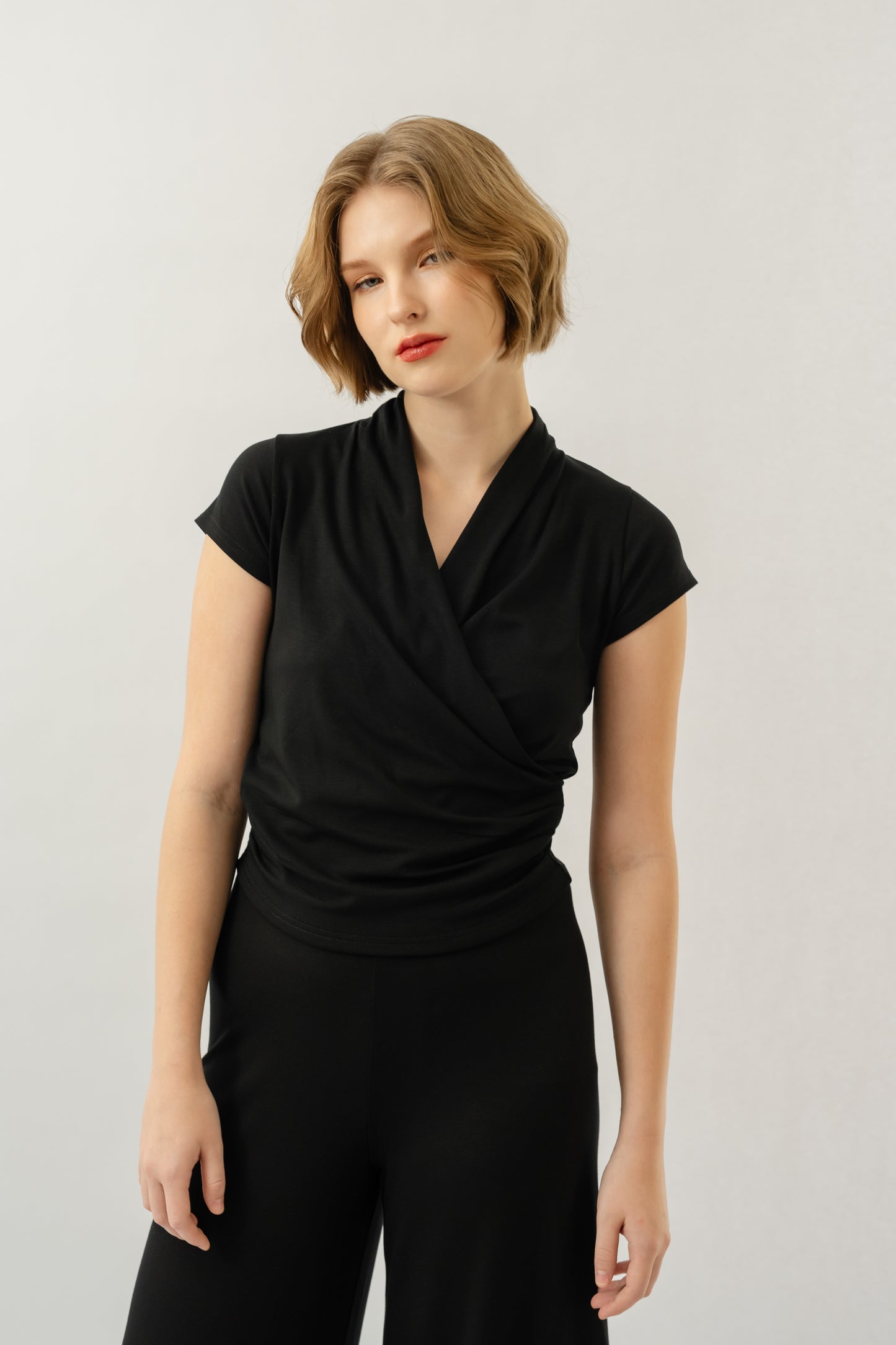 Bamboo Ruched Wrap Top - Black