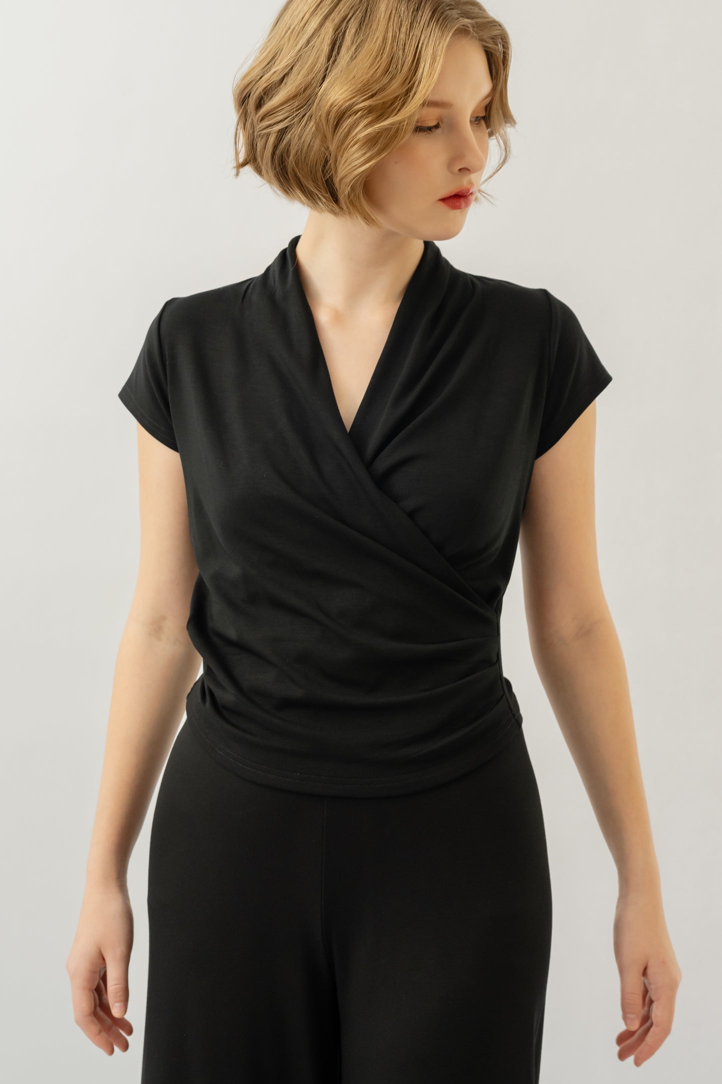 Bamboo Ruched Wrap Top - Black