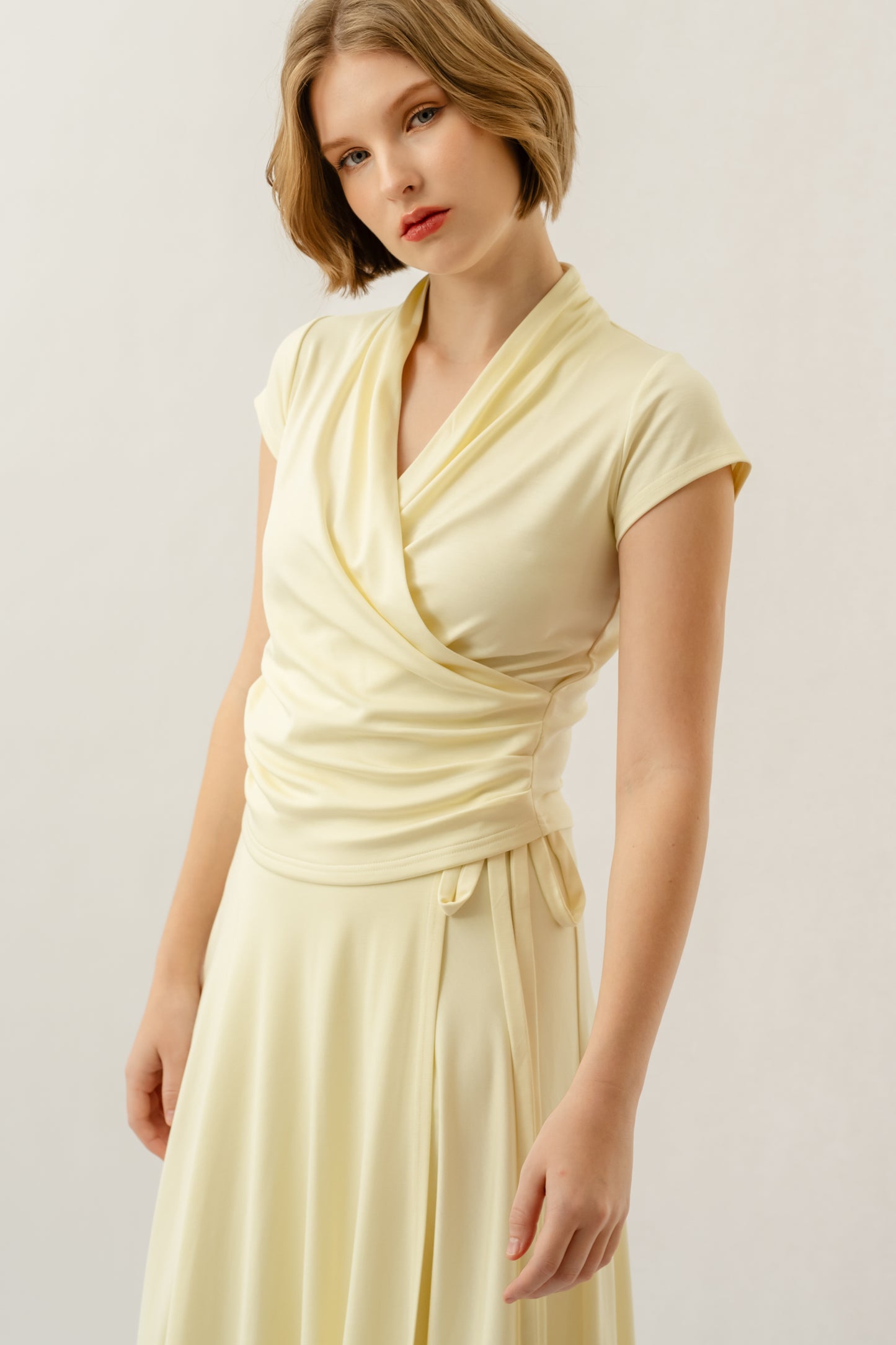 Bamboo Ruched Wrap Top - Pale Yellow