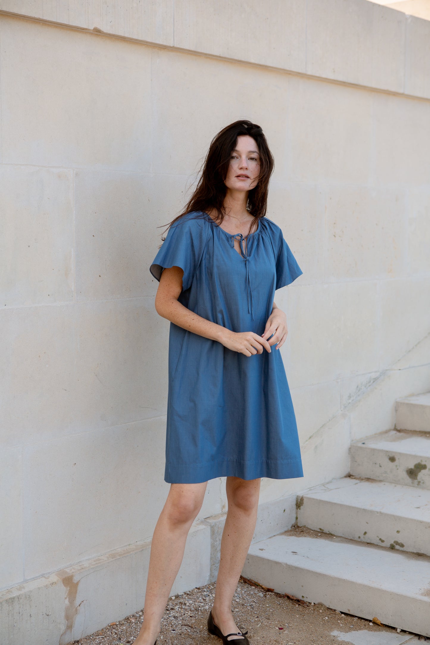 Denim Tie-Ribbon Tent Dress - Light Wash