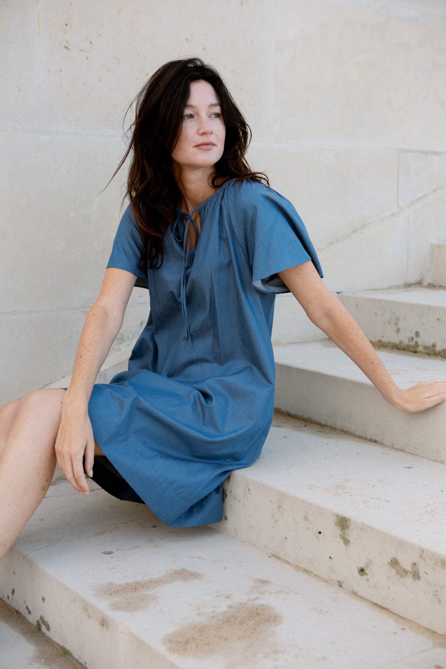 Denim Tie-Ribbon Tent Dress - Light Wash