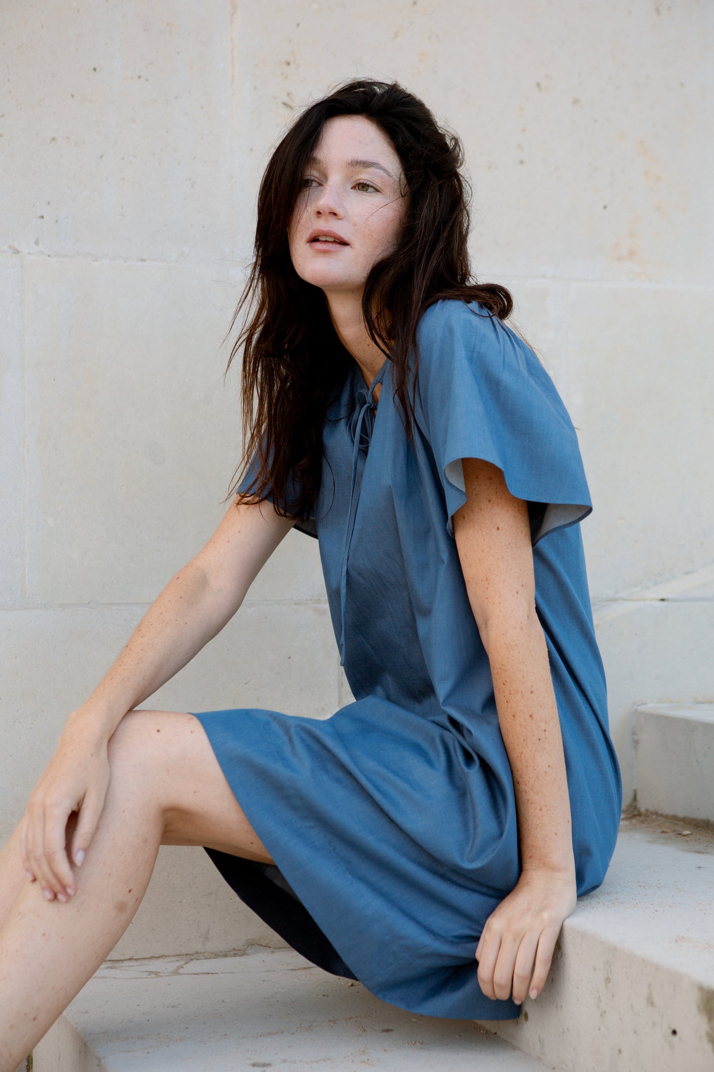 Denim Tie-Ribbon Tent Dress - Light Wash