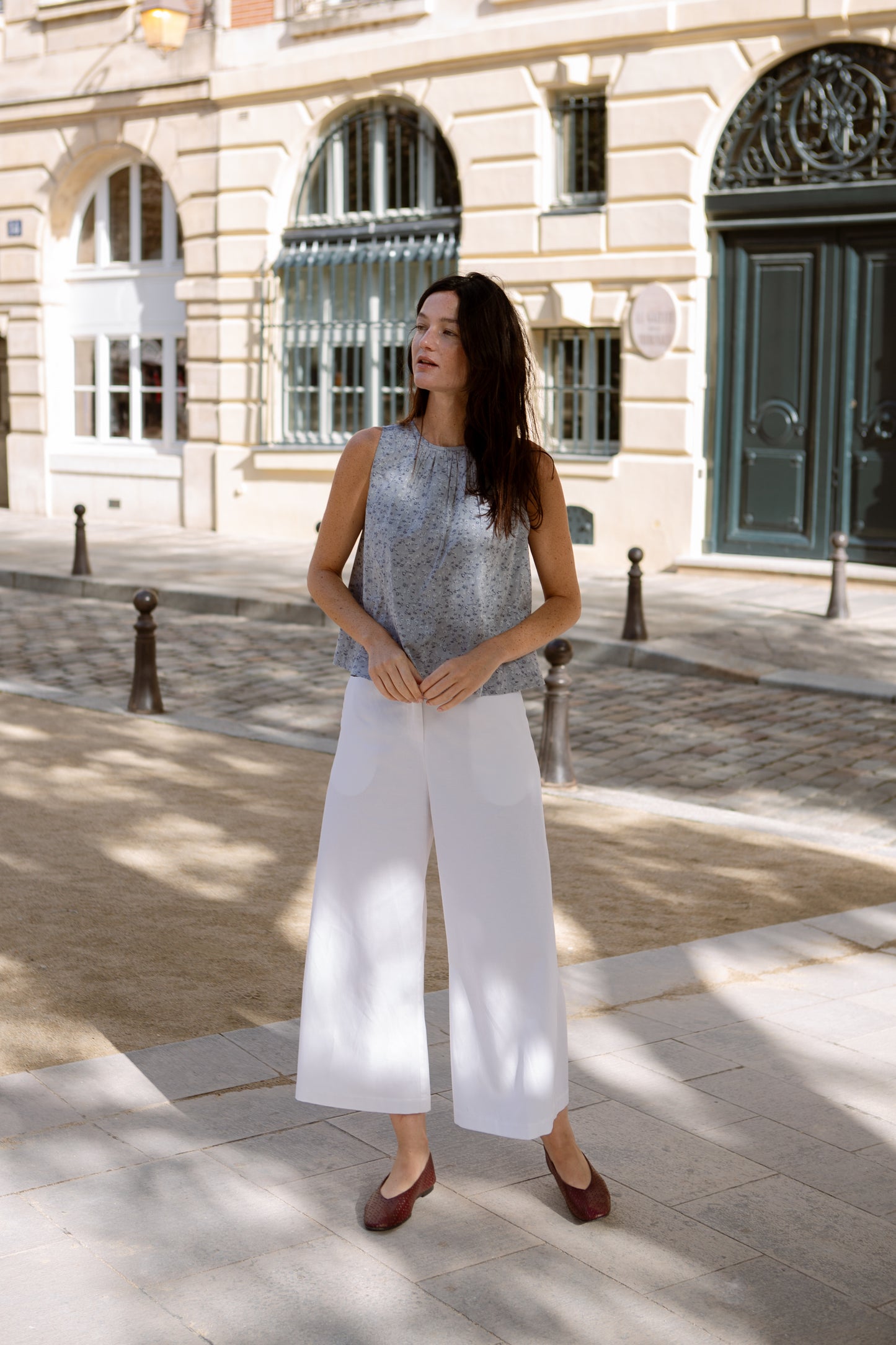 Tie-back Ruched Blouse in Floral Jacquard - Blue China