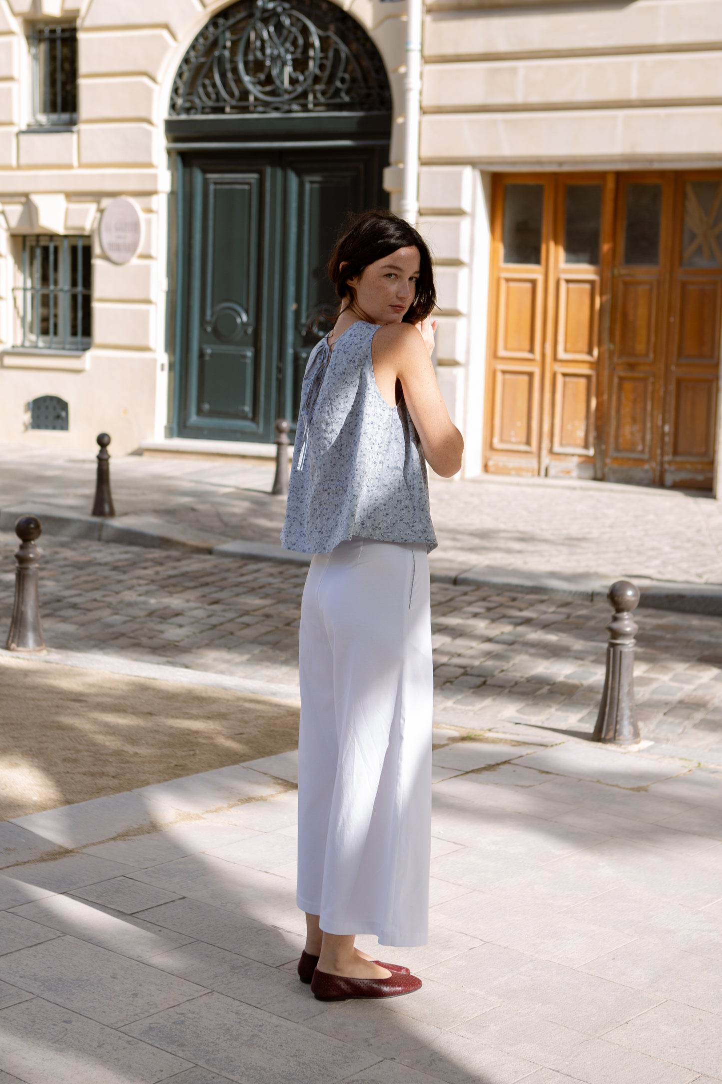 Tie-back Ruched Blouse in Floral Jacquard - Blue China